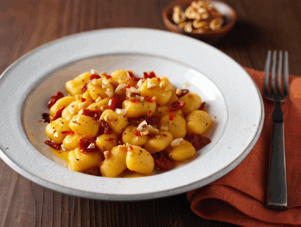 Ñoquis con tomate seco y nueces