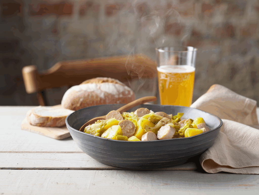 Patata guisada con salchicha bratwurst y repollo