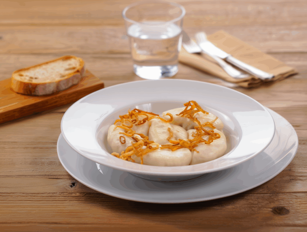 Raviolis rellenos de patatas y setas con cebolla frita