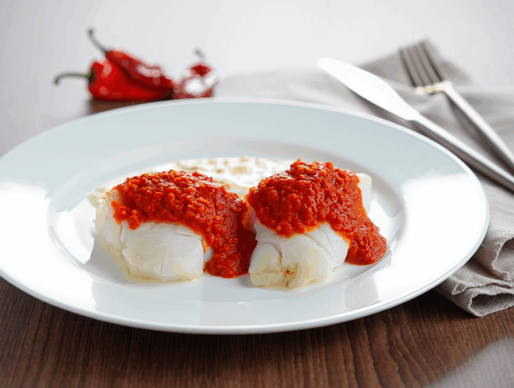 Bacalao al vapor con salsa de pimientos y tomate