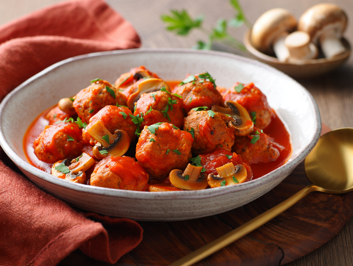 Mini albóndigas de cerdo con salsa de tomate y setas shitake de La Grosella