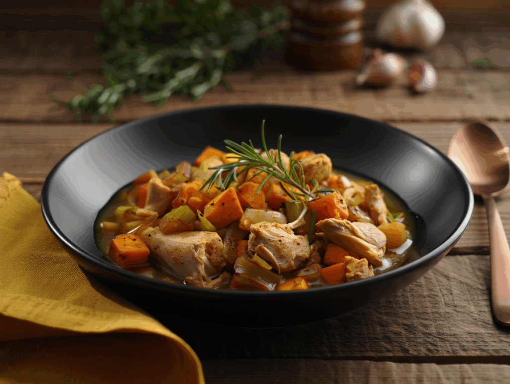 Ragú de pollo con boniato y puerros