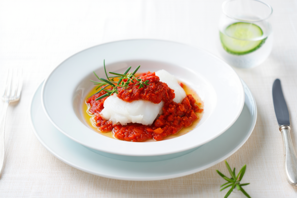Bacalao al vapor con salsa de tomate