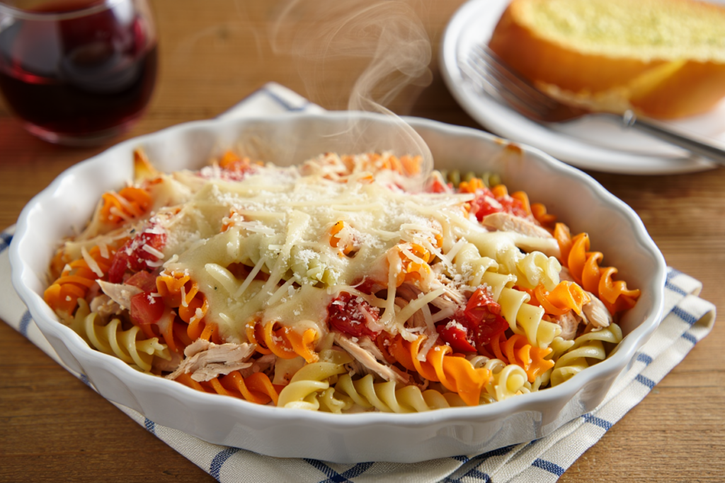 Pasta gratinada con pollo y verduras