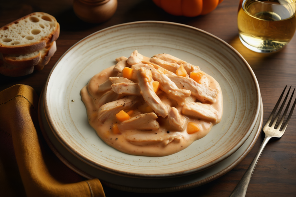 Tiras de pollo con salsa cremosa de calabaza