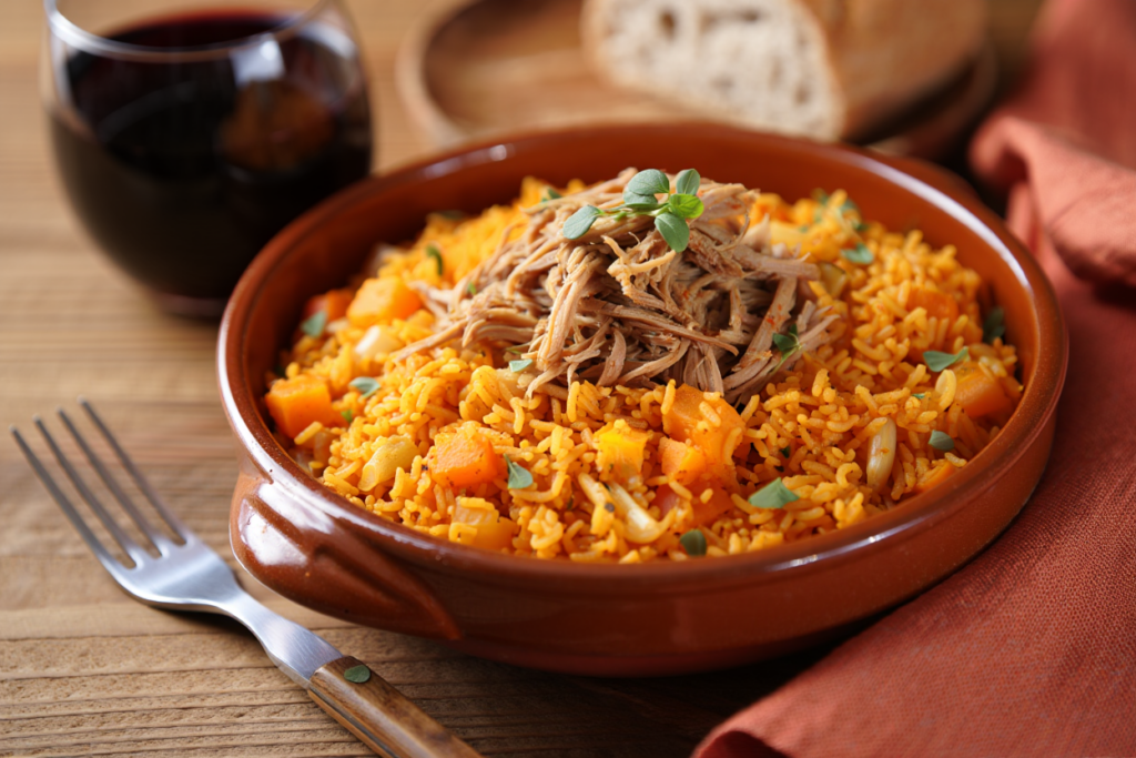 Arroz meloso con calsots y carne desmechada
