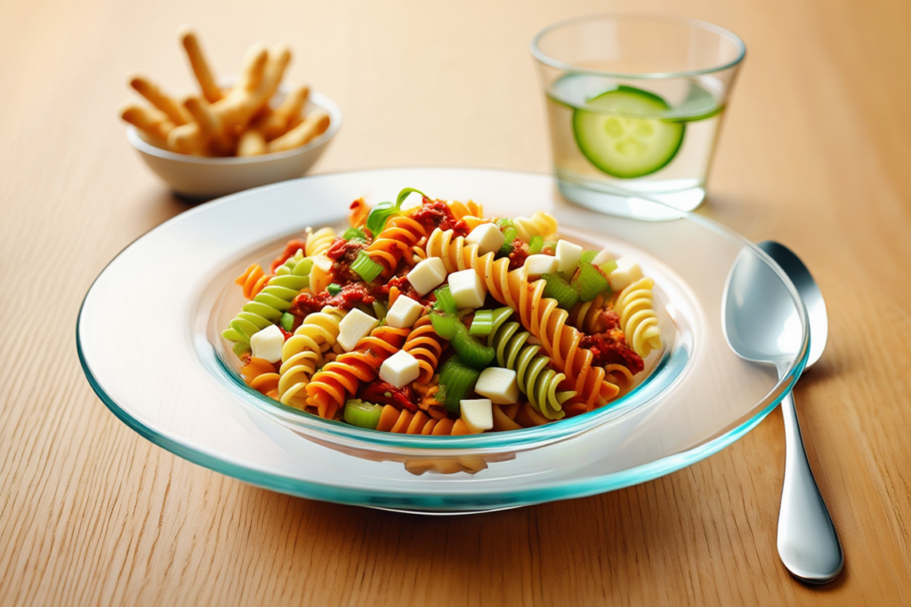 Ensalada de pasta espiral con mozzarella y pesto rosso