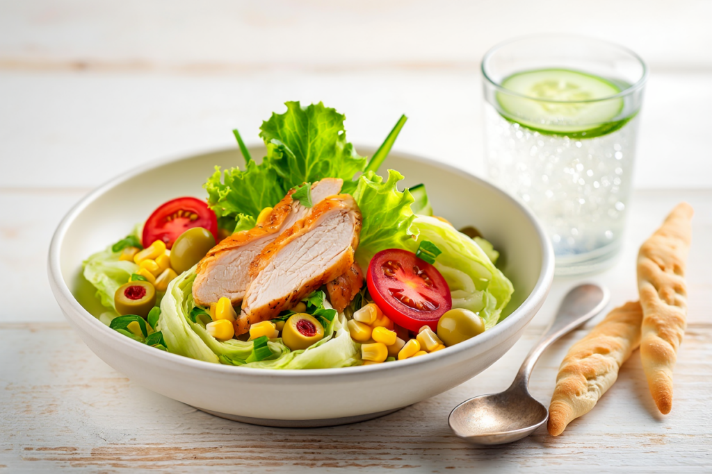 Ensalada iceberg con pollo asado y maíz