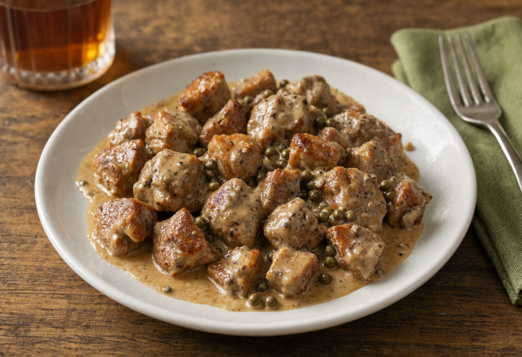 Puntas de solomillo de cerdo con salsa de pimienta verde