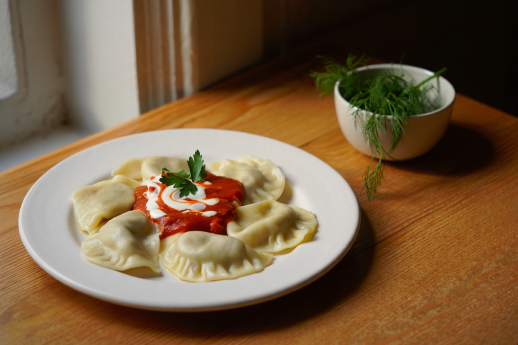 Raviolis de merluza con salsa mixta
