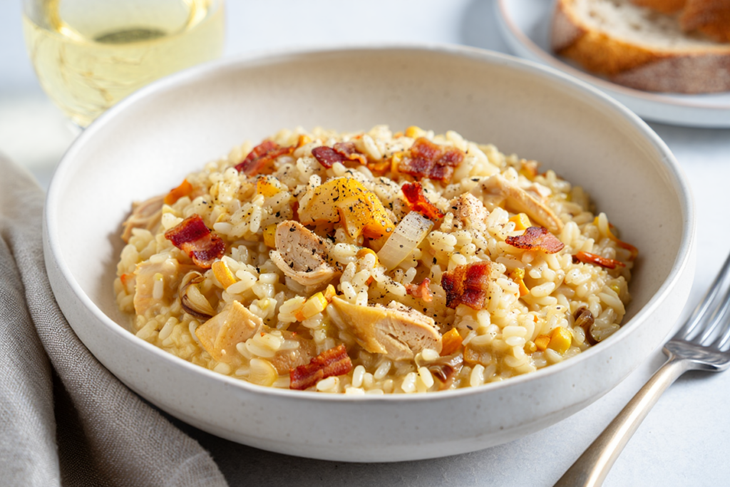 Risotto de pollo, bacon y parmesano