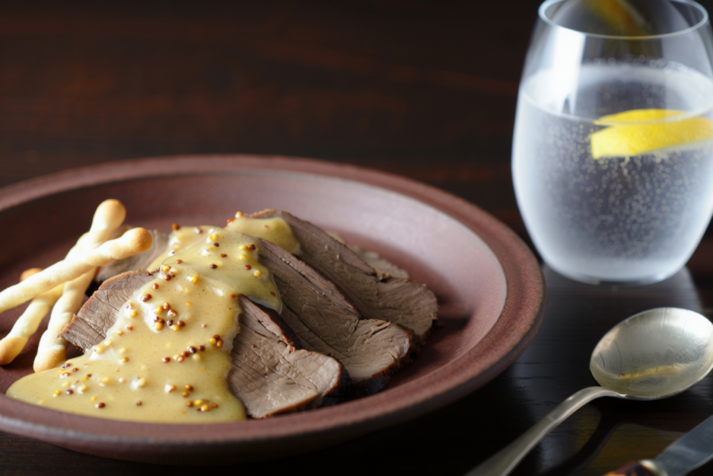 Ternera asada con salsa de Brandy y mostaza a la antigua