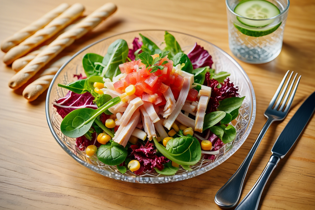 Ensalada verde con pavo, tomate y maíz