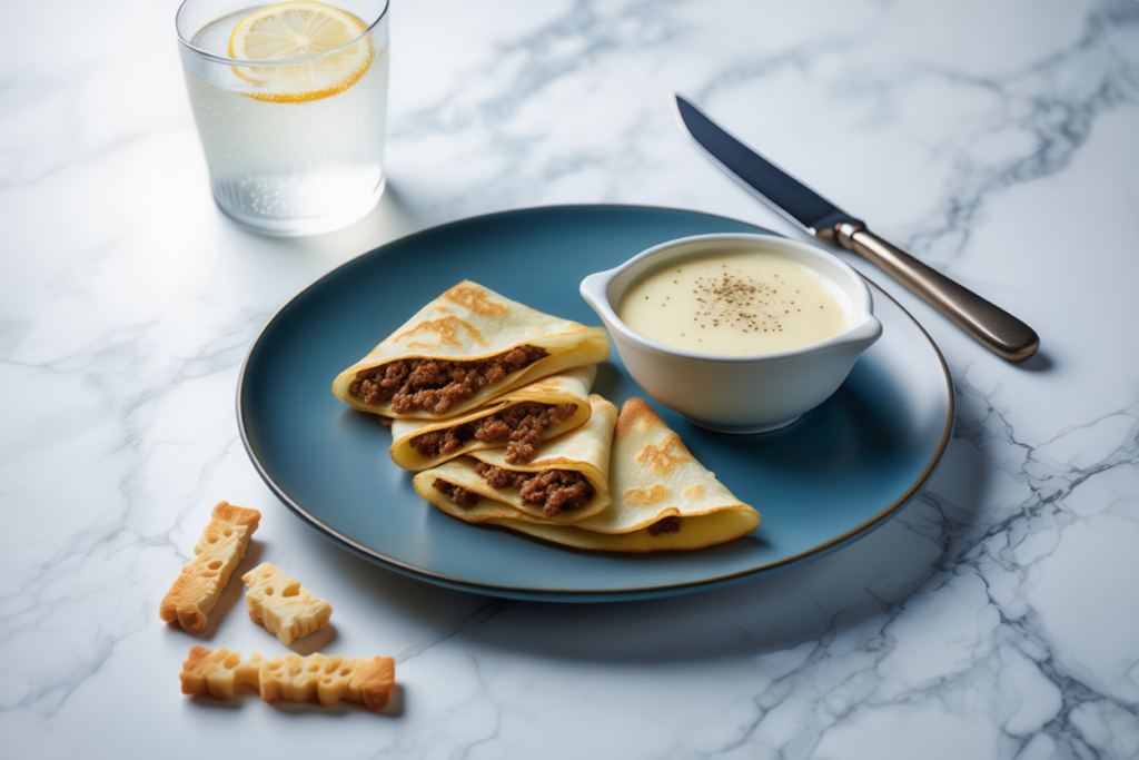 Sobrecitos de crepe rellenos de pollo con salsa de champiñones