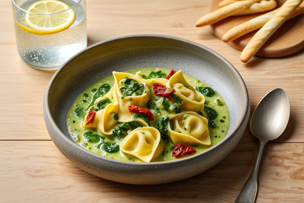Tortelloni 4 quesos con salsa de espinacas y tomate seco