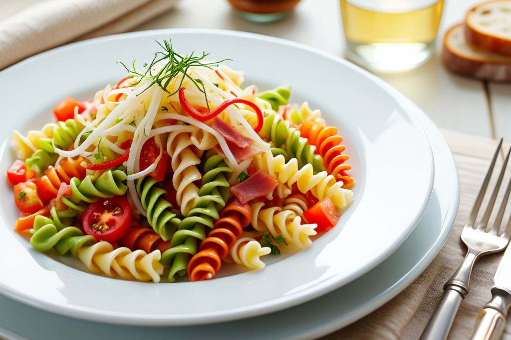 Ensalada de pasta con brotes de soja y jamón york