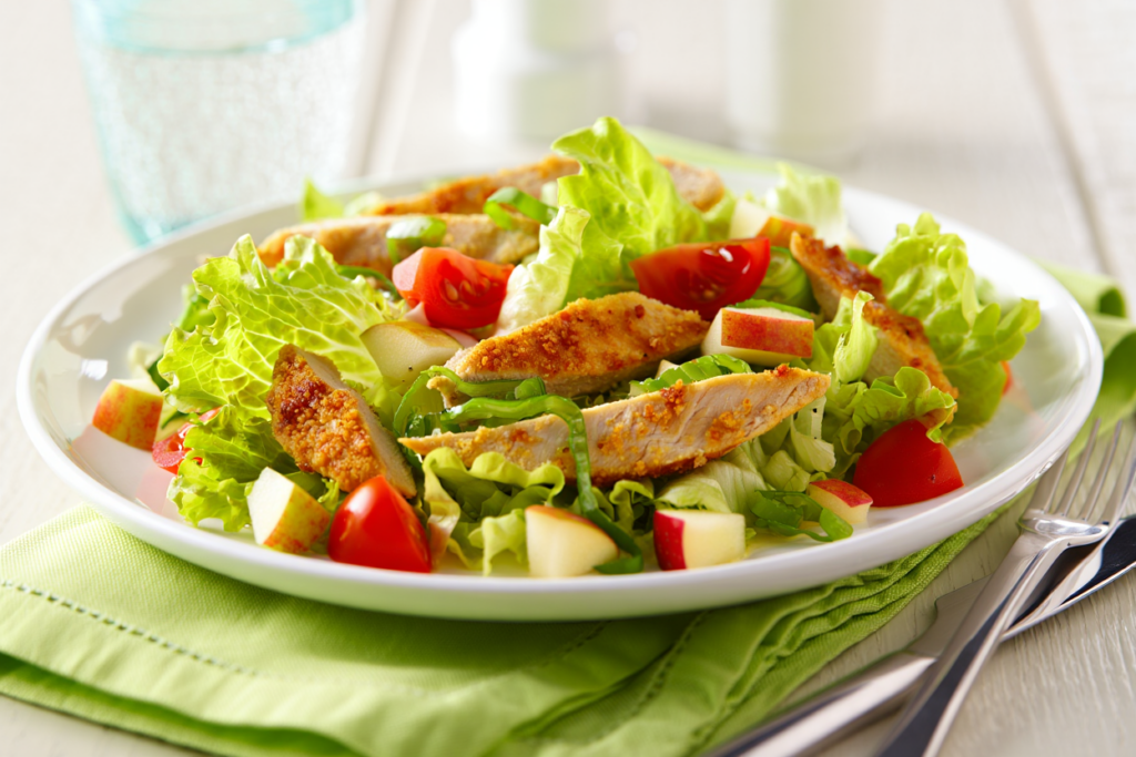 Ensalada iceberg con pollo kebab y maíz