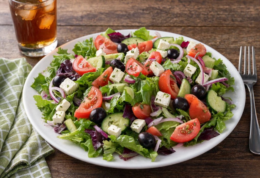 Ensalada verde con mozzarella y aceitunas negras