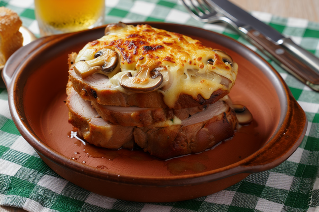 Jamón asado gratinado con salsa de champiñones y parmesano