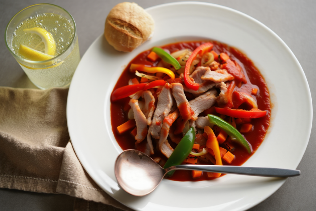 Tiras de cerdo con tomate y pimientos tricolor