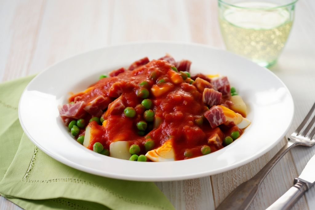 Guisantes con jamón, huevo y tomate
