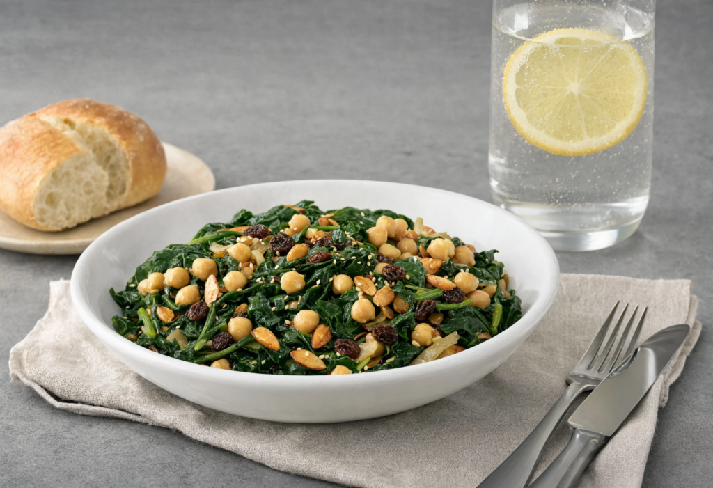 Salteado de espinacas con garbanzos y almendras
