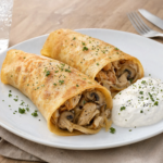 Comida a domicilio - Crepes rellenos de pollo y champiñones con yogur griego
