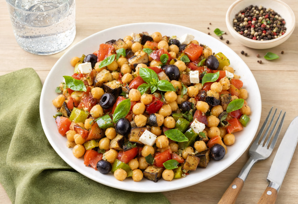 Ensalada mediterránea de garbanzos con verduras asadas
