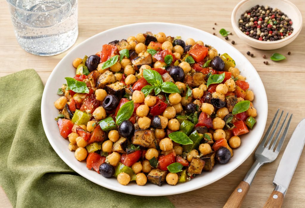 Ensalada vegana de garbanzos con verduras asadas al estilo mediterráneo
