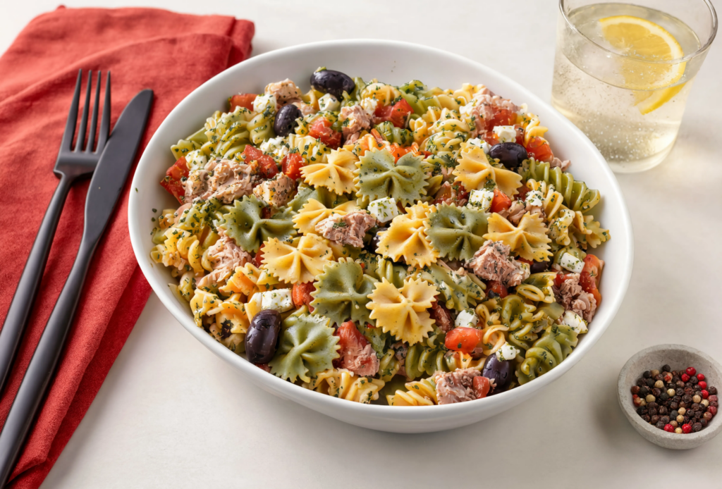 Ensalada de pasta tricolor con atún, tomate y mozzarella