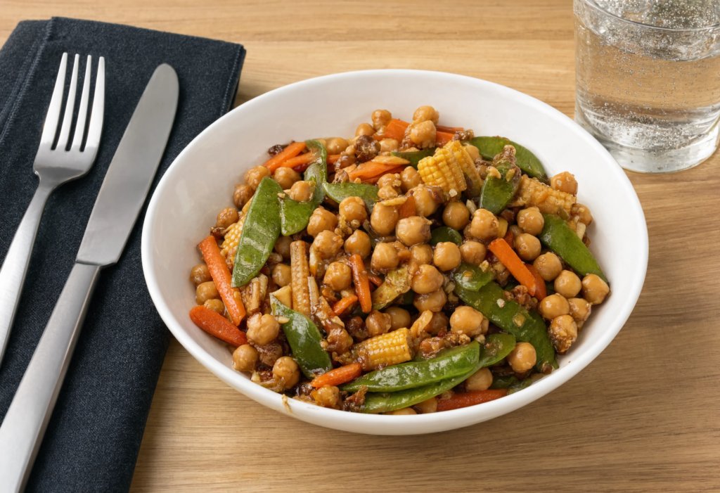 Wok de garbanzos con verduras y salsa teriyaki suave