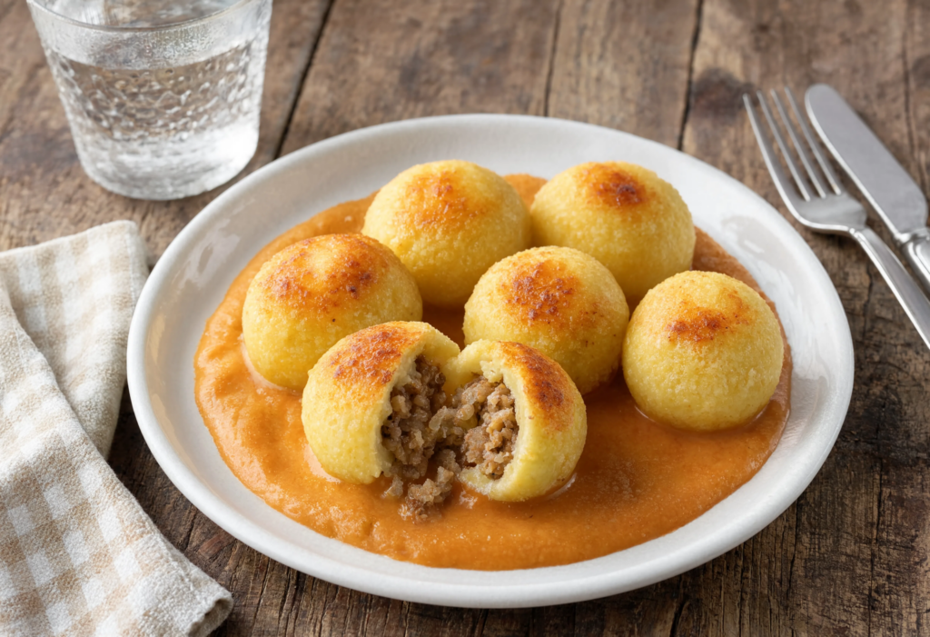 Bolitas de patata rellenas de carne con salsa de boniato y leche de coco