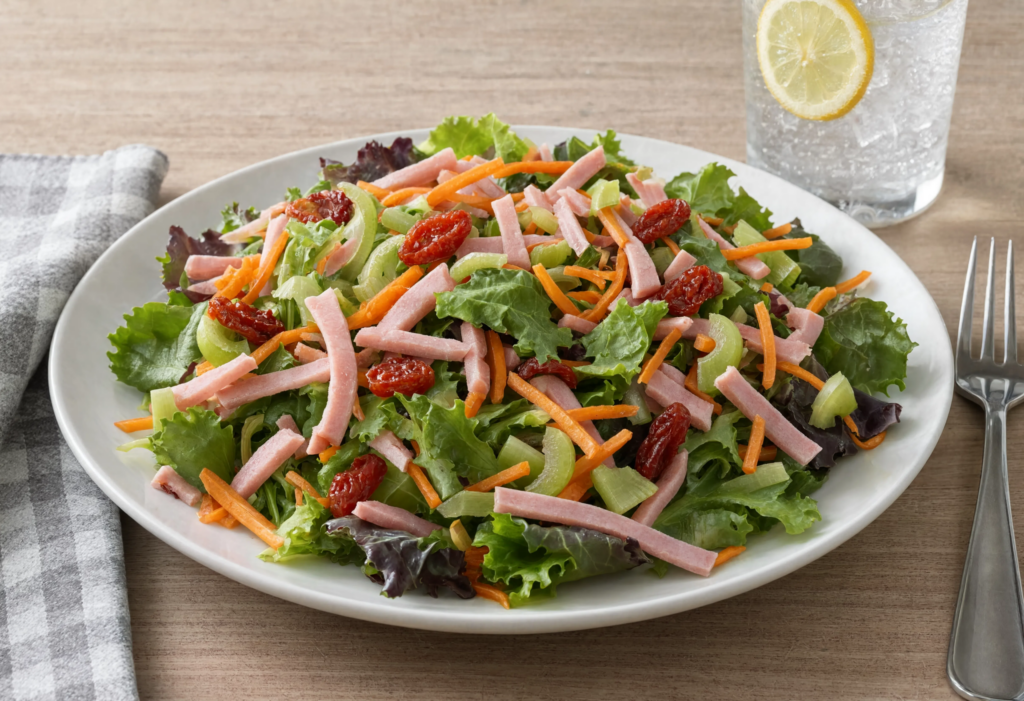 Ensalada verde con jamón york, tomate seco, apio y zanahoria rallada