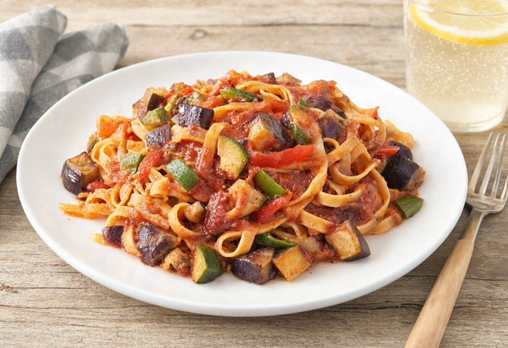Tallarines con tomate y verduras